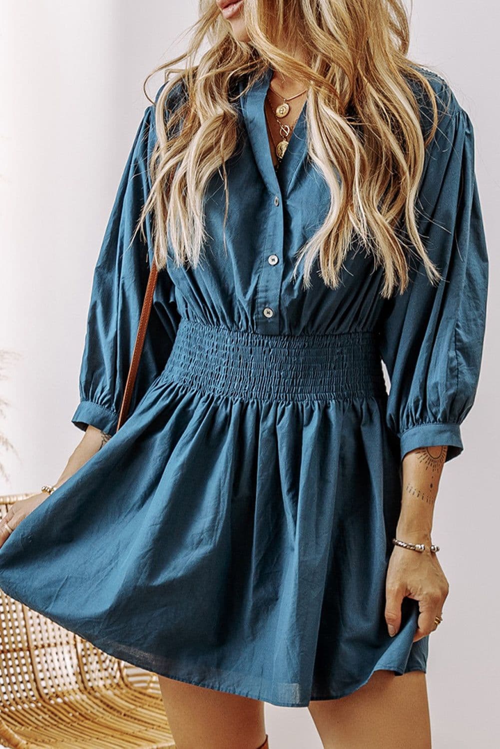 image-Prussian Blue Shirred High Waist Mini Dress - 3/4 Sleeves
