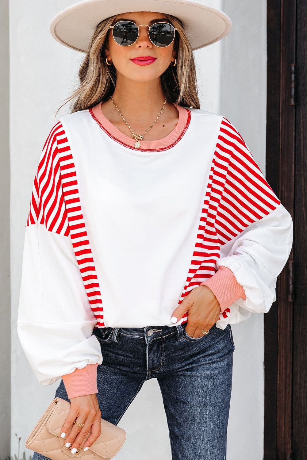 image-Brown Stripe Colorblock Patchwork Sweatshirt Oversized