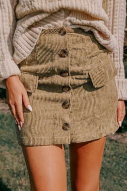 image-Corduroy Mini Skirt - Camel Buttoned Front