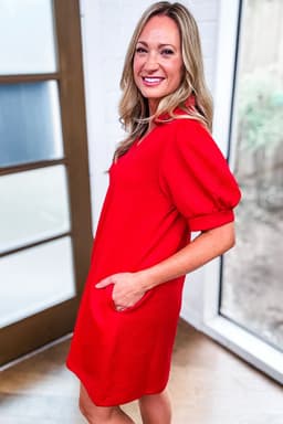image-Fiery Red Textured Collared V Neck Puff Short Sleeve Shift Mini Dress