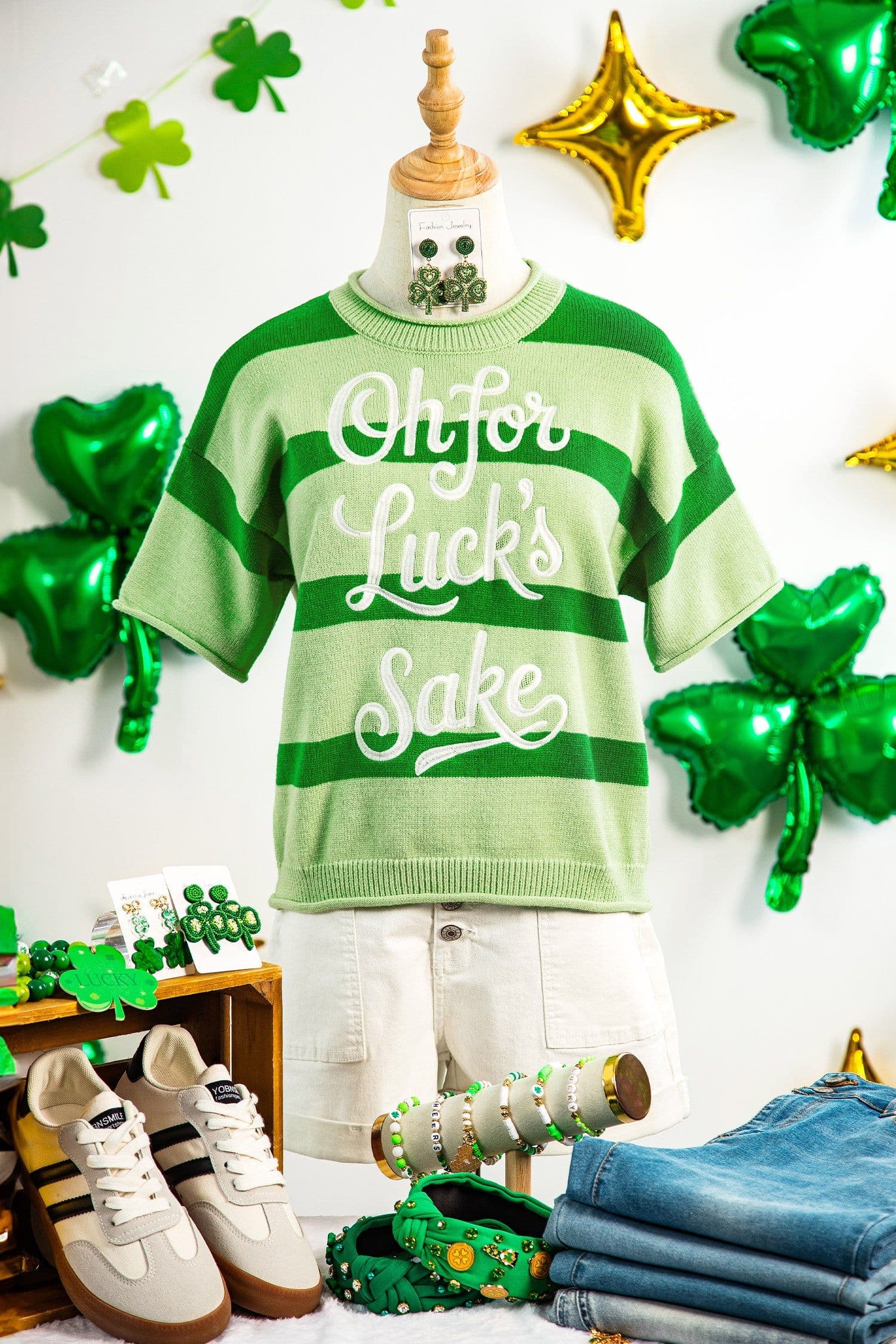 image-Green Stripe Oh for Lucks Sake St Patricks Day Short Sleeve Sweater
