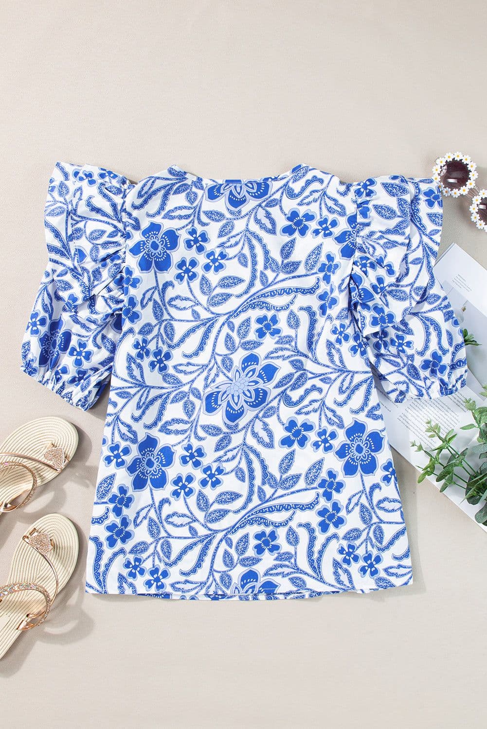 image-Dark Blue Floral Ruffled Sleeve Blouse - Chic Bubble Sleeve Design