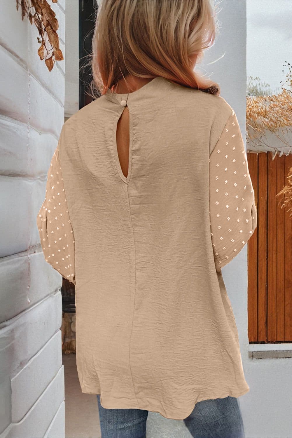 image-Gossamer Pink Swiss Dot Balloon Sleeve Blouse - Elegant & Romantic Design