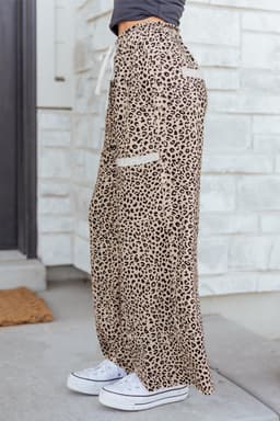 image-Khaki Animal Print Wide Leg Terry Knit Pants