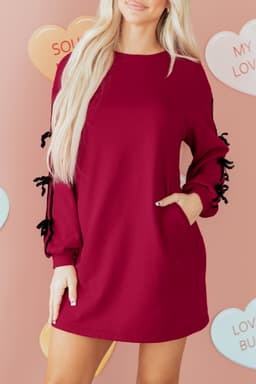 image-Racing Red Contrast Striped Bow Detail Drop Shoulder Sweatshirt Dress with Pockets