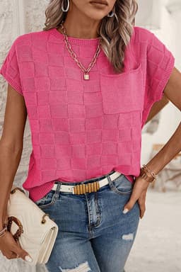 image-Pink Lattice Textured Knit Short Sleeve Sweater - Sizes S-3XL
