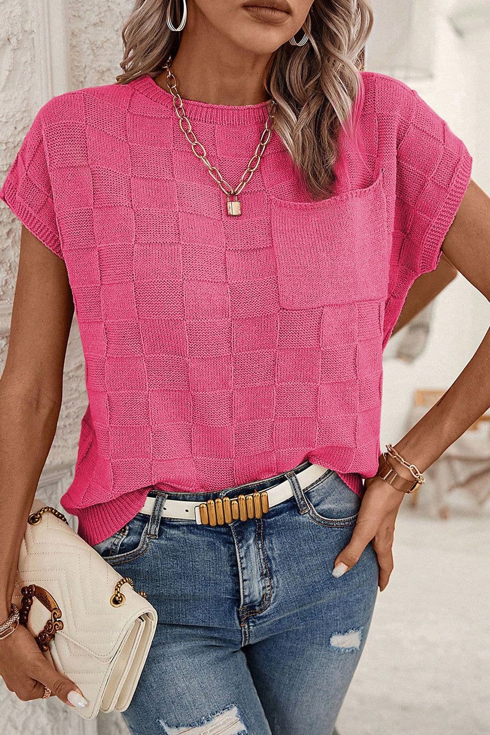 image-Pink Lattice Textured Knit Short Sleeve Sweater - Sizes S-3XL