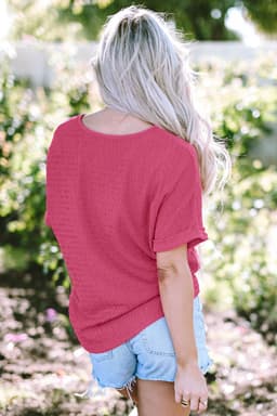 image-Bright Pink Textured V Neck Rolled Sleeve Tee - Loose Fit