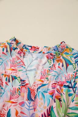 image-Pink Tropical Floral Blouse - Frilly Notched Neck