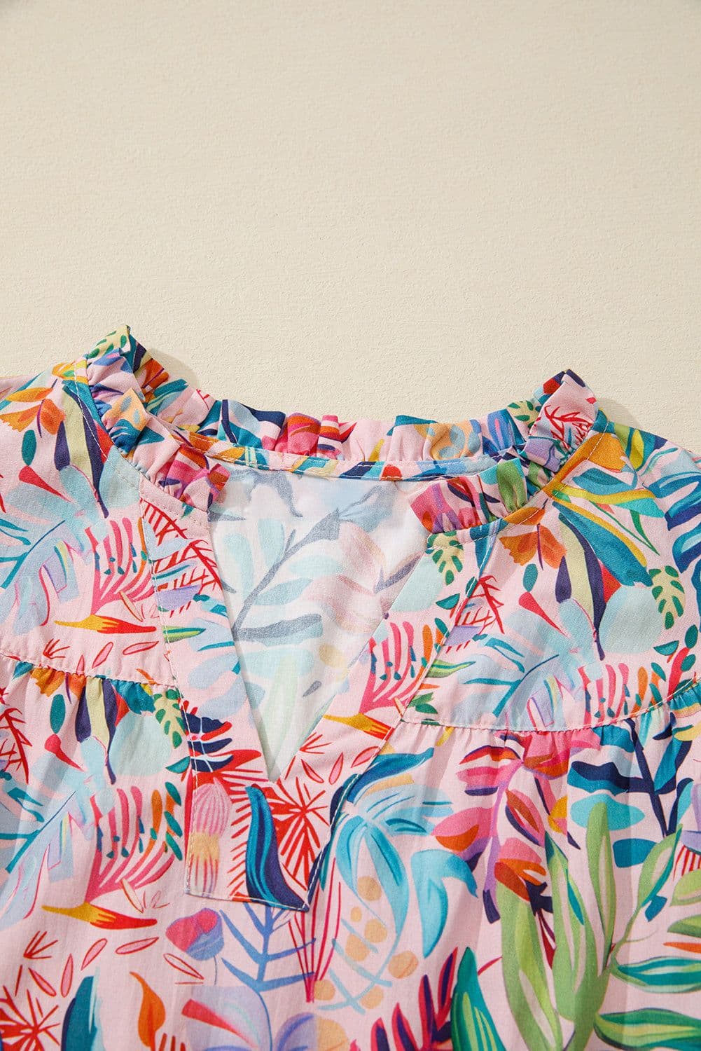 image-Pink Tropical Floral Blouse - Frilly Notched Neck