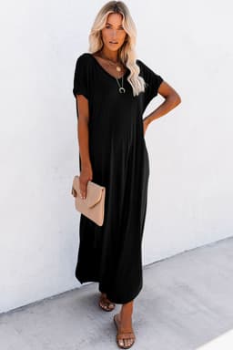 image-Black V Neck Splits Maxi T-shirt Dress, Lightweight, Breathable, S-XL