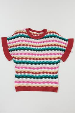 image-Fiery Red Trimmed Ruffle Sleeve Colorful Textured Sweater