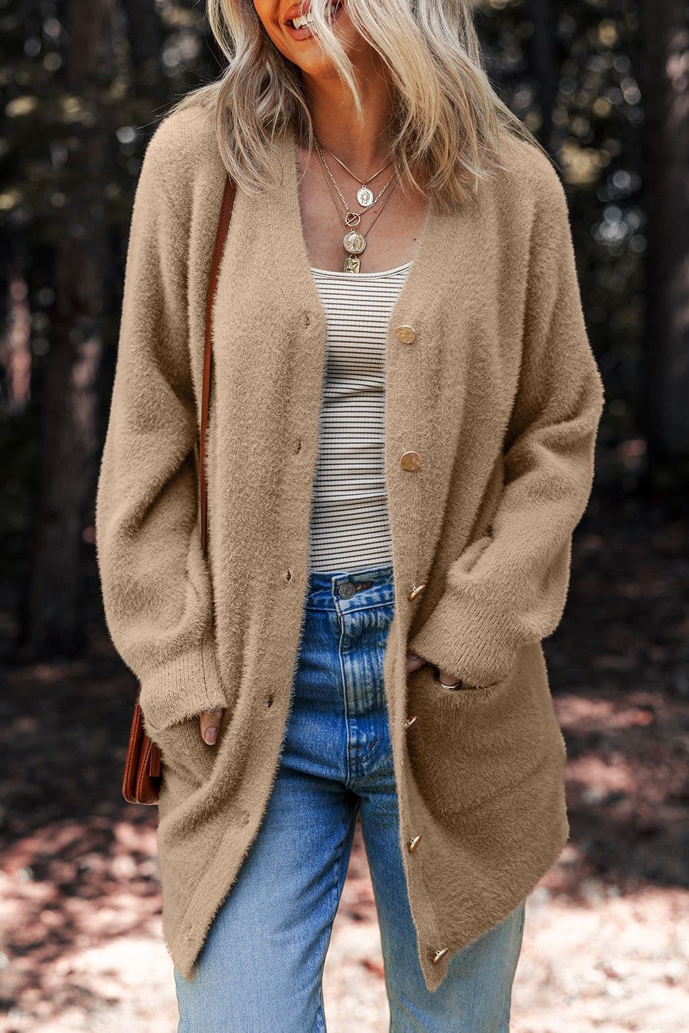 image-White Fuzzy Cardigan - Midi Length Buttoned Front