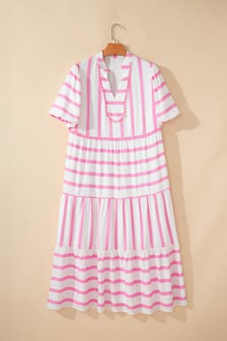 image-Pink Stripe Plus Size V Neck Puff Sleeve Maxi