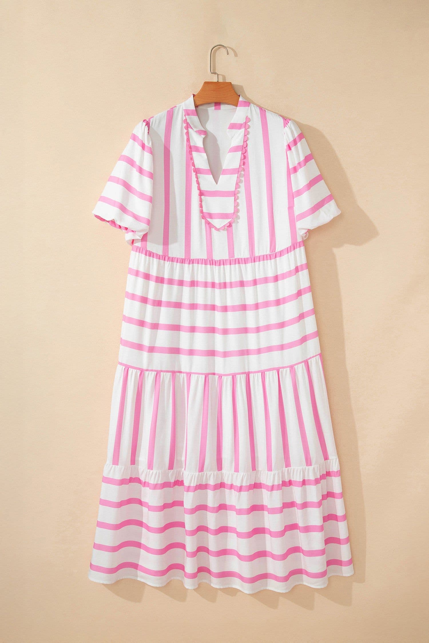 image-Pink Stripe Plus Size V Neck Puff Sleeve Maxi