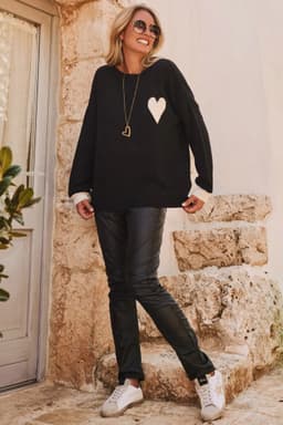 image-Black Heart Detail Contrast Cuffs Baggy Sweater