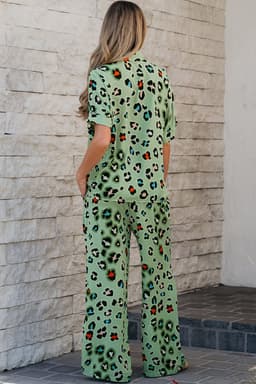 image-Green Leopard Print Shirt & Pants Set - Short Sleeve & Wide Leg Chic Outfit