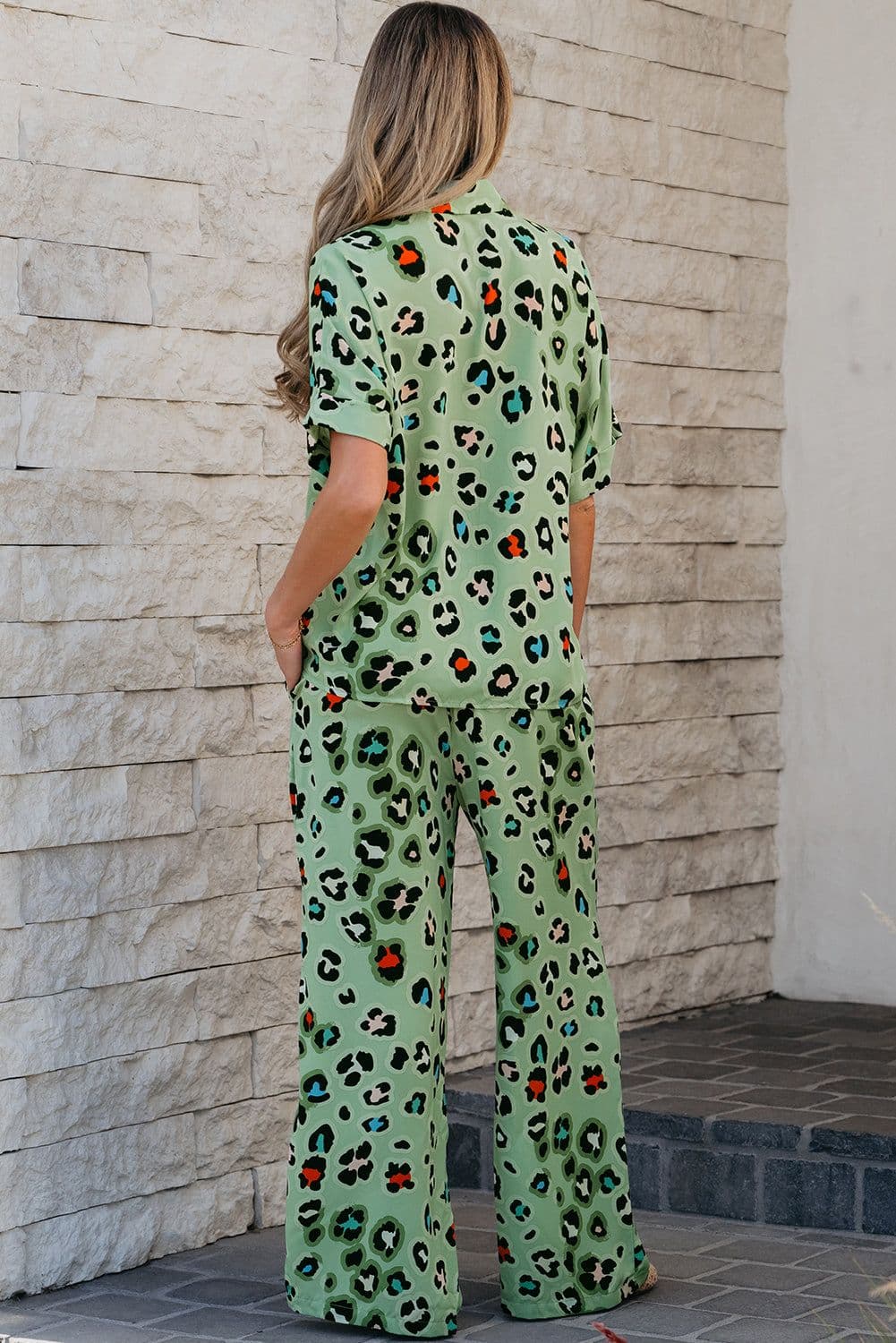 image-Green Leopard Print Shirt & Pants Set - Short Sleeve & Wide Leg Chic Outfit