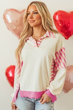 image-Pink Stripe Colorblock Patchwork Collared French Terry Top