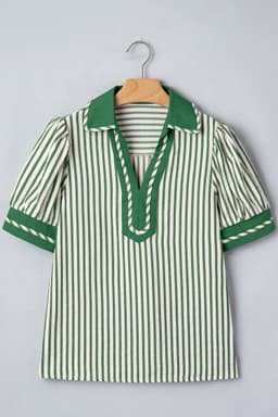 image-Green Stripe Collared Split Neck Bubble Sleeve Blouse