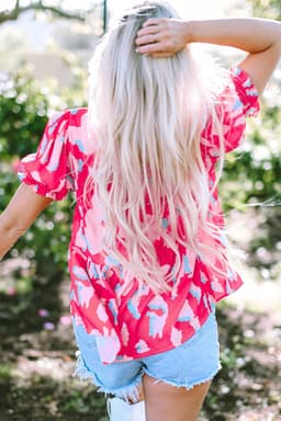 image-Rose Abstract Print Smocked Puff Sleeve V Neck Blouse
