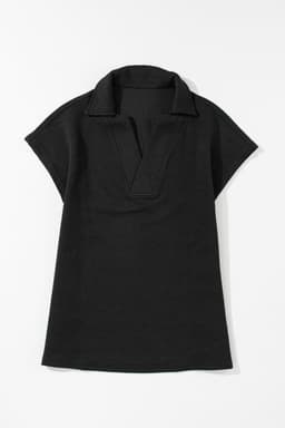 image-White Textured V Neck Collared Short Sleeve Top