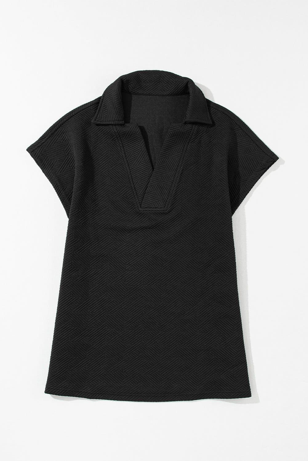 image-White Textured V Neck Collared Short Sleeve Top
