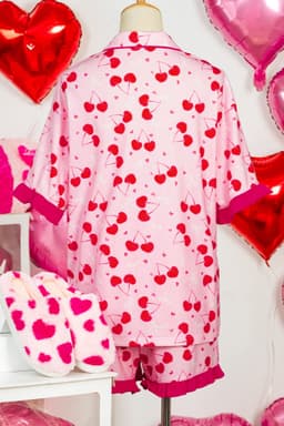 image-Rose Cherry Bow Mixed Print Scalloped Edge Short Pajama Set