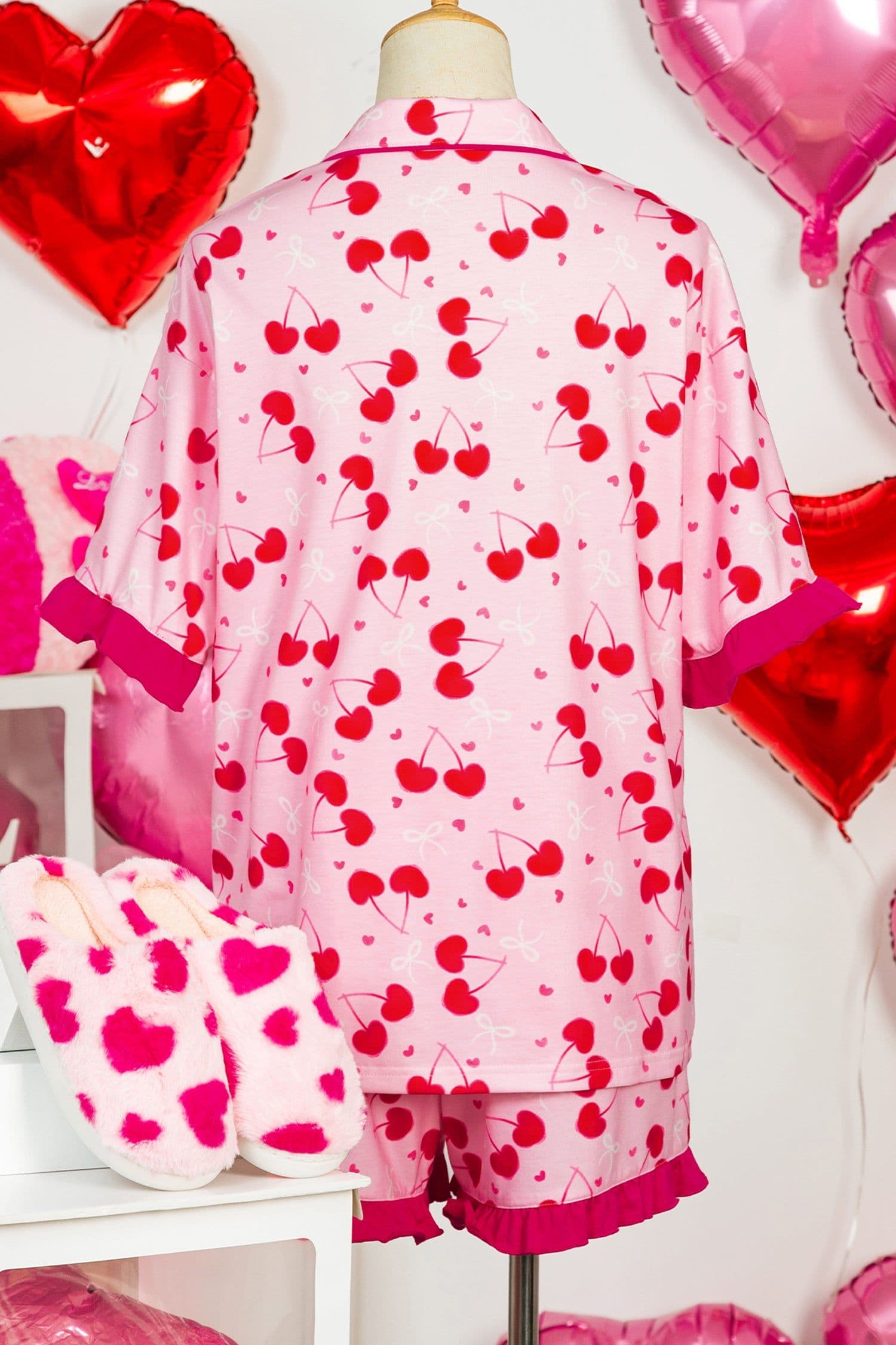 image-Rose Cherry Bow Mixed Print Scalloped Edge Short Pajama Set