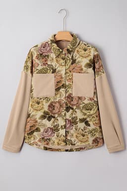 image-Khaki Floral Waffle Knit Patchwork Buttoned Jacket