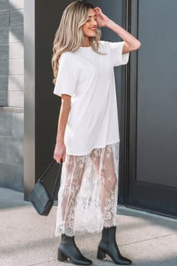 image-White Floral Patchwork Short Sleeve T Shirt Loose Maxi Dress