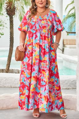 image-Rose Abstract Printed Puff Sleeve Smocked Dress Plus