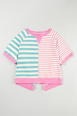 image-Pink Stripe Contrast Patchwork Oversized T-Shirt