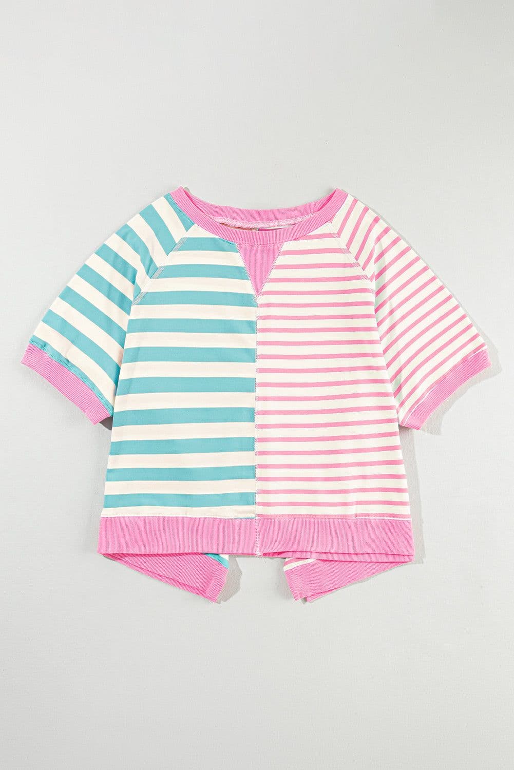 image-Pink Stripe Contrast Patchwork Oversized T-Shirt