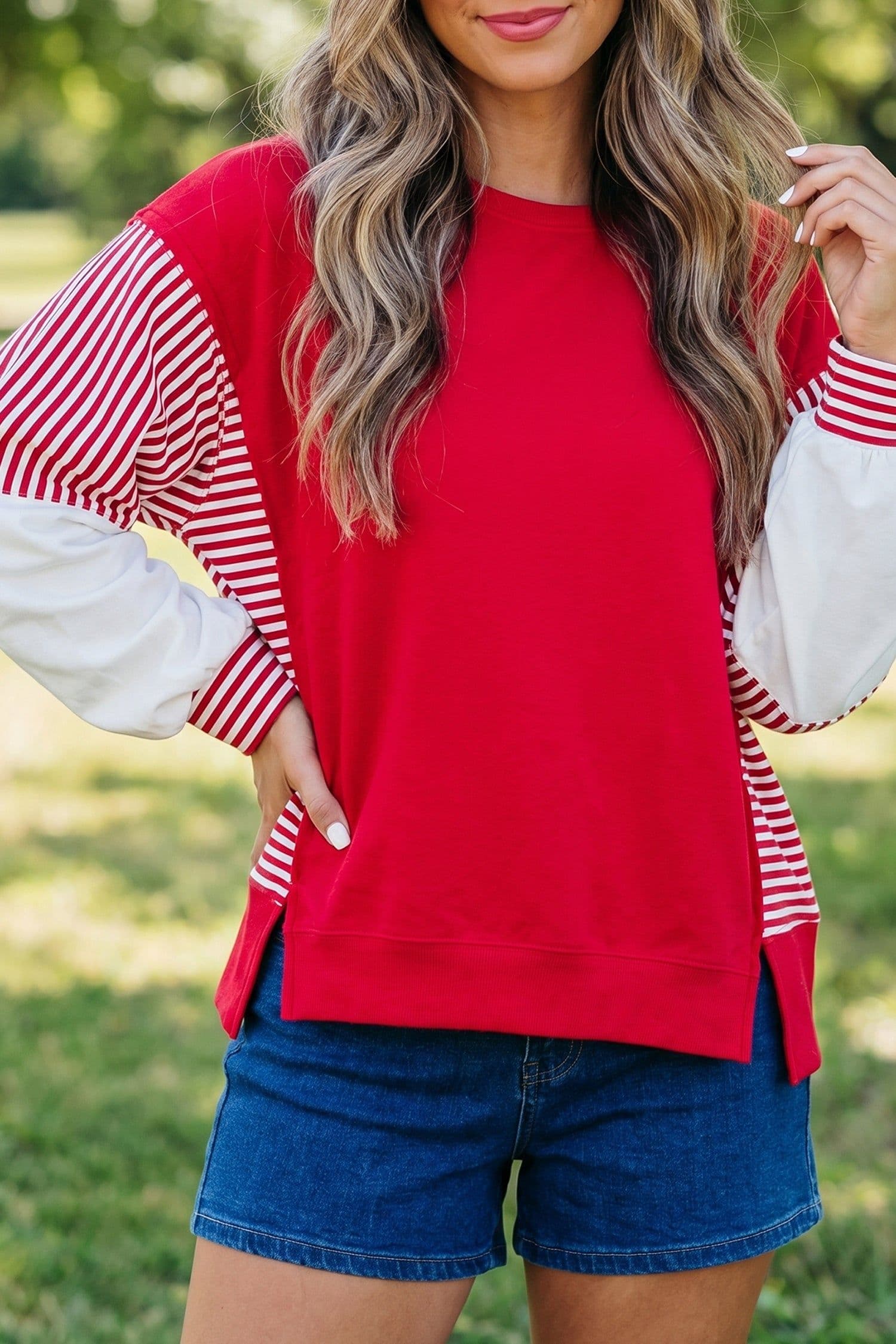 image-Fiery Red Striped Patchwork Sweatshirt