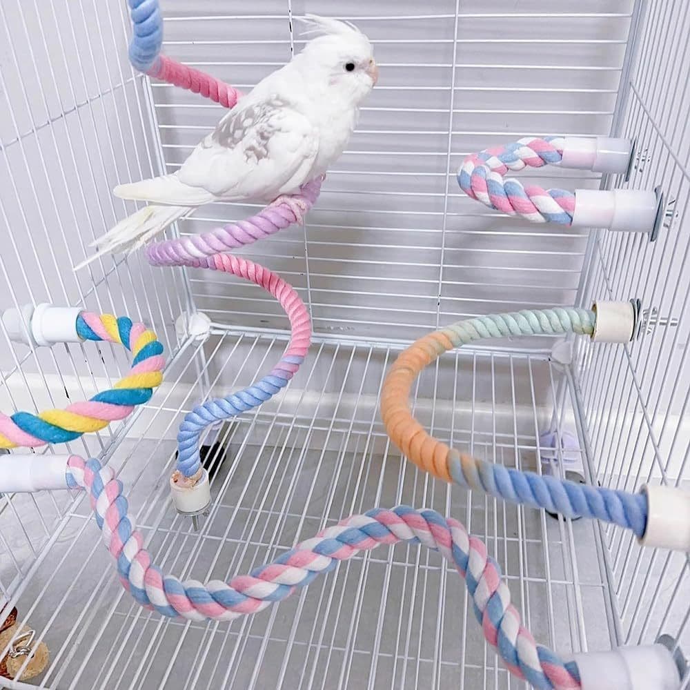 image-Gradient Colorful Bird Rope Perch Stand For Bird Cages Bendable Climbing Rope Cage Accessory Toy For Cockatiel Parakeet Sugar Glider
