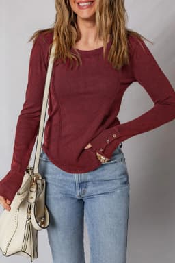 image-Burgundy Exposed Seam Ribbed Long Sleeve Top