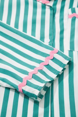 image-Green Stripe Contrast Ricrac Trim Long Sleeve Shirt Drawstring Ruffled Pajama Short Set