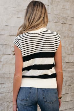 image-Black White Striped O Neck Sweater Vest
