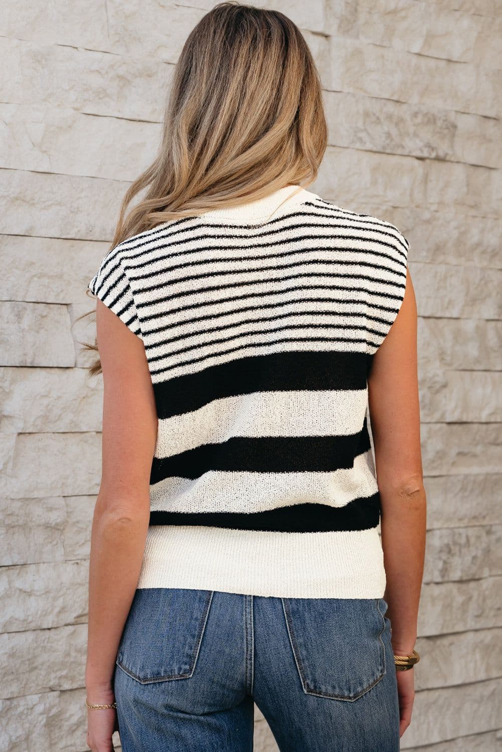 image-Black White Striped O Neck Sweater Vest