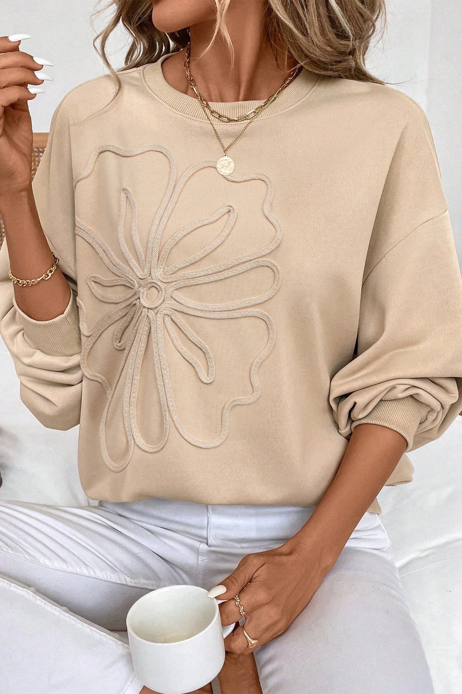 image-Parchment Embroidered Flower Drop Shoulder Sweatshirt