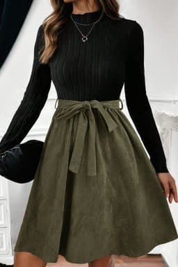 image-Black Ribbed Knit Flared Dress with Belt