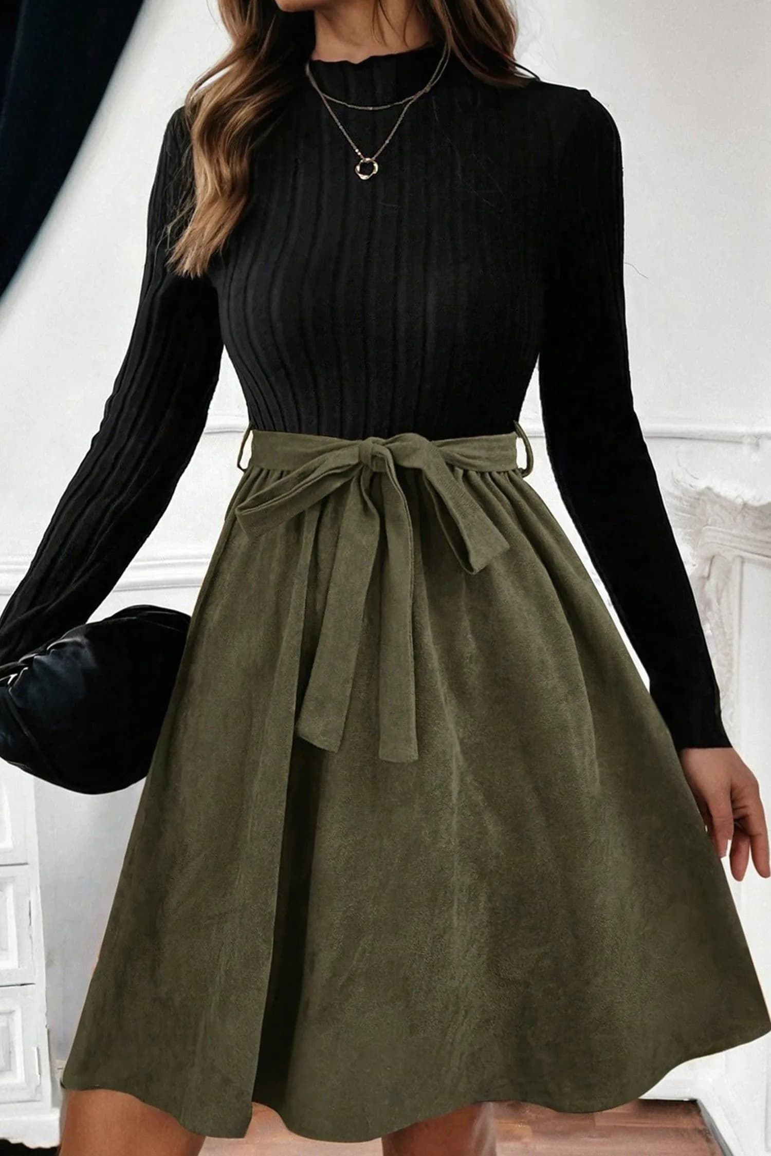 image-Black Ribbed Knit Flared Dress with Belt