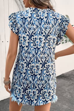 image-Sky Blue Boho Abstract Print Pintuck Detail Ruffled Top