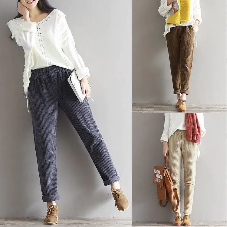 image-Large Size Women's Art Fan Xian Thin Corduroy Pants Autumn And Winter Loose Casual Trousers