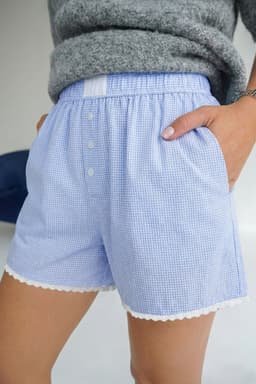 image-Sky Blue Gingham Boxer Shorts Lace Trim