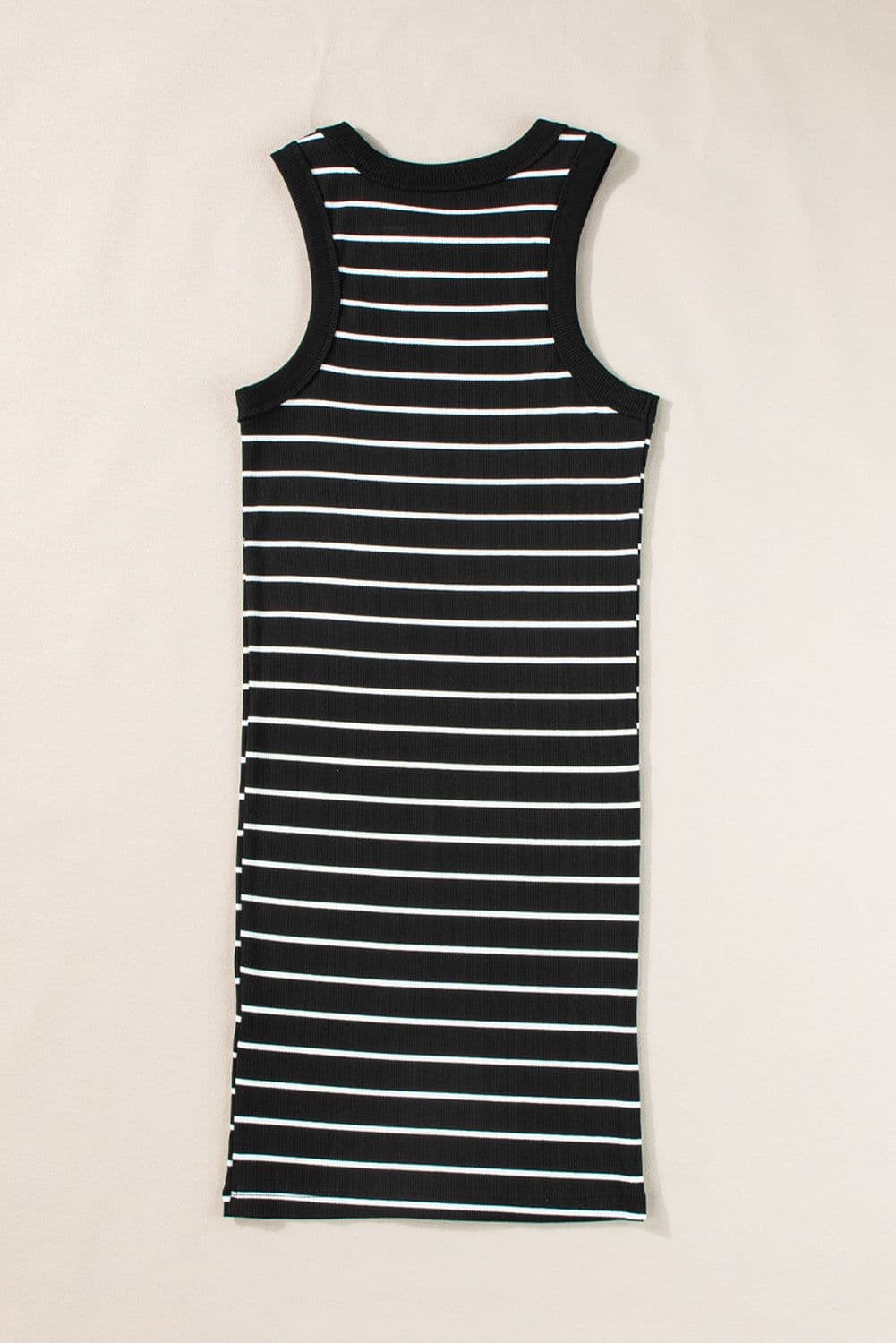 image-Black Stripe Ribbed Knit Mini Dress - Chic Silhouette, Sleeveless
