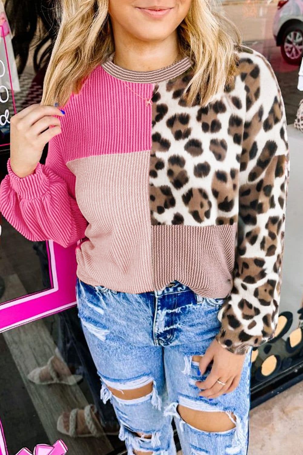 image-Rose Red Plus Size Twisted Ribbed Color Block Leopard Patchwork Long Sleeve Top