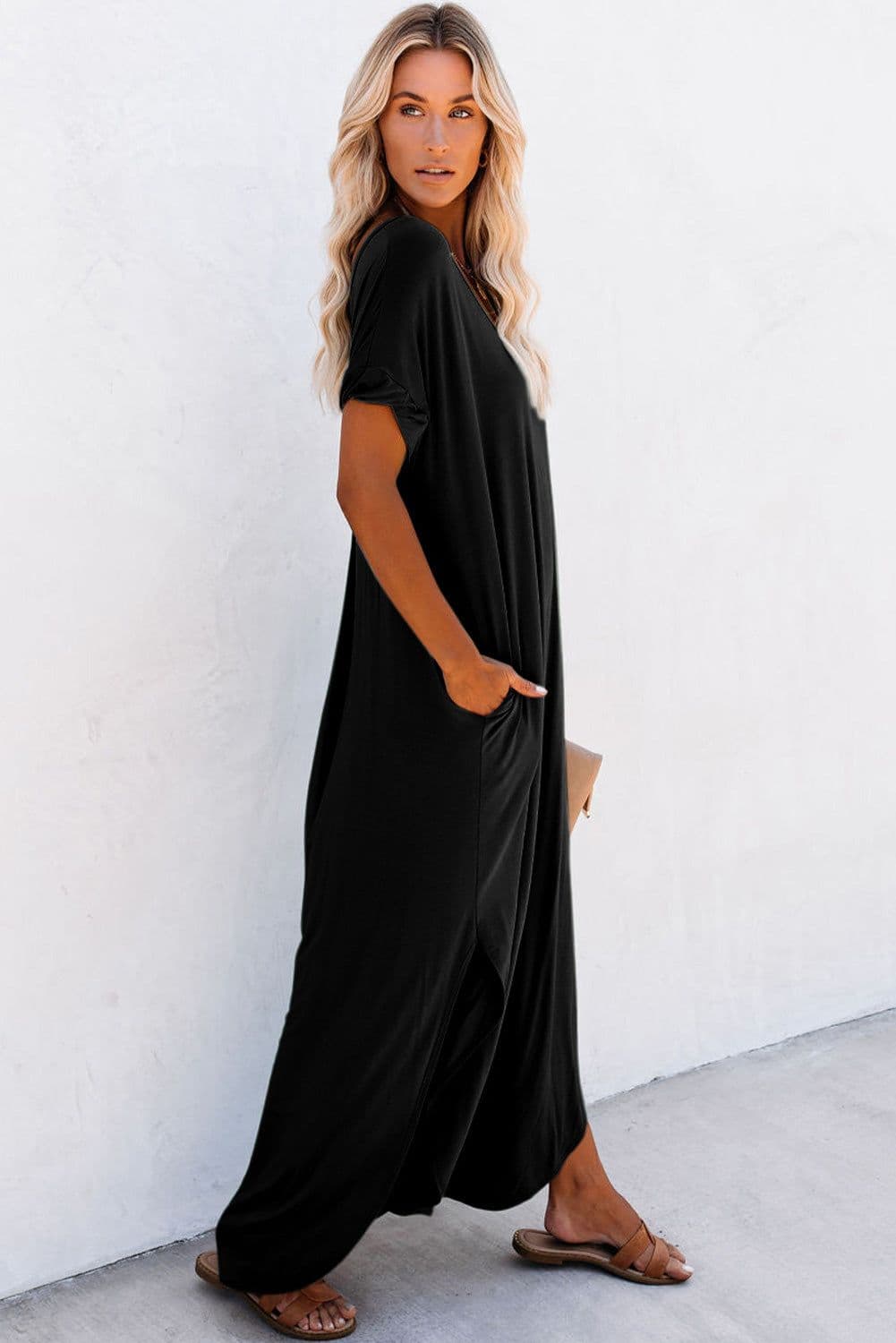 image-Black V Neck Splits Maxi T-shirt Dress, Lightweight, Breathable, S-XL