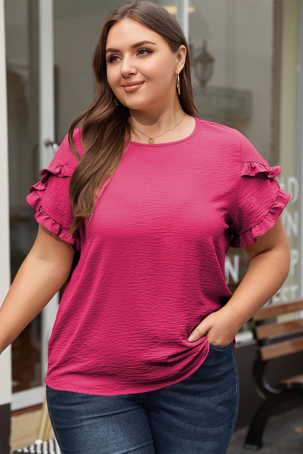 image-Bright Pink Ruffled Short Sleeve Plus Size Top